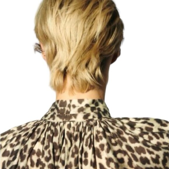 H&M Leopard Print Beige Blouse Balloon Raglan Sleeves Bow Tie Oversized, size M - Picture 8 of 8